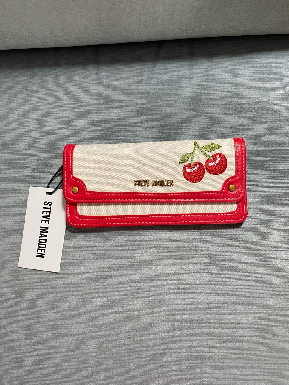 Steve Madden Cherry Embroidered Wallet,cream and red 7.75”X 4”